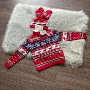 Sale! Baby Boys Reindeer Jacquard Pullover Sweater With Hat And Mittens Sz S
